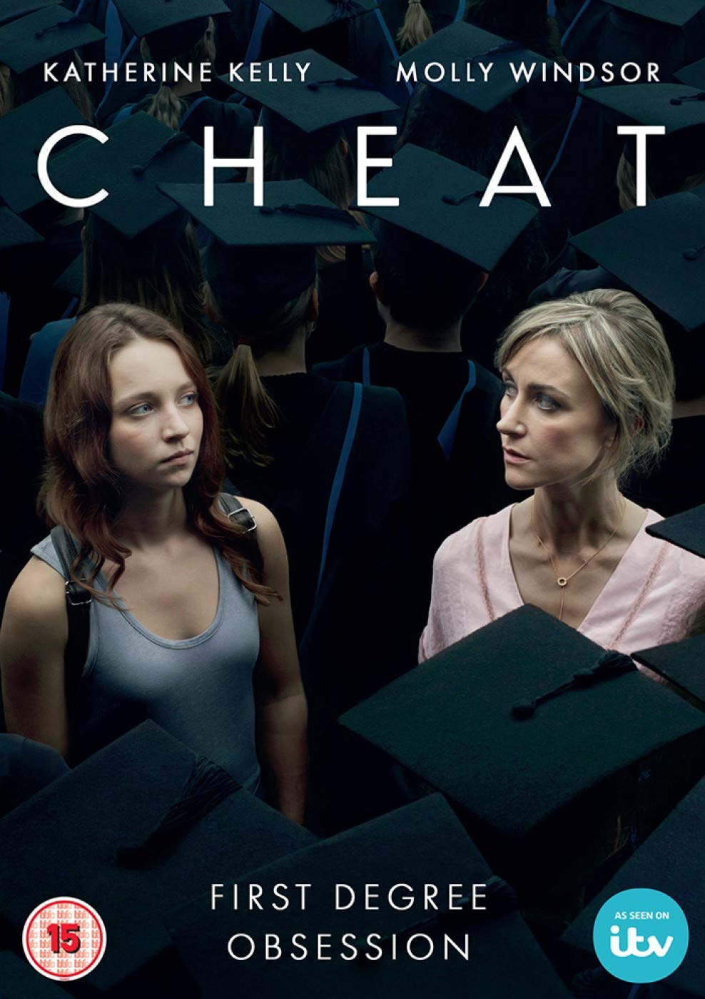 "Cheat" DVD cover featuring two women amidst graduation caps, with title and actress names.