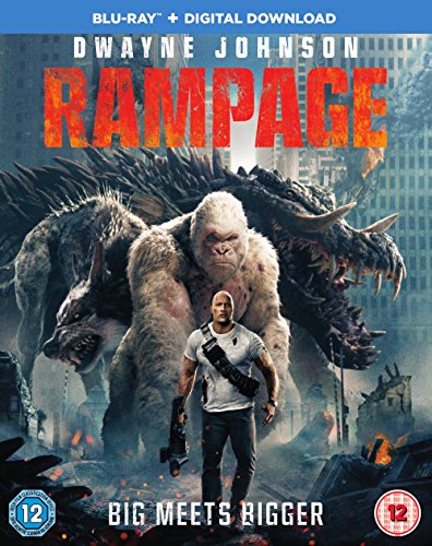 "Blu-ray cover for 'Rampage' featuring Dwayne Johnson and giant monsters amidst city destruction."