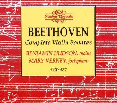 Red album cover with white musical notes and yellow central panel displaying Beethoven's violin sonatas.