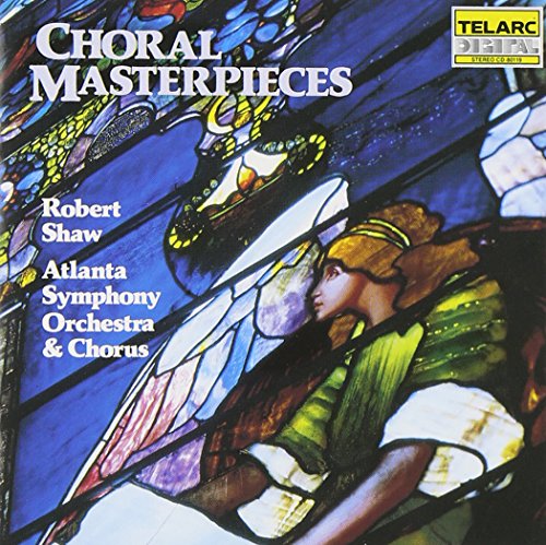 "CD cover featuring stained-glass angel image, 'Choral Masterpieces' title, and orchestra information."
