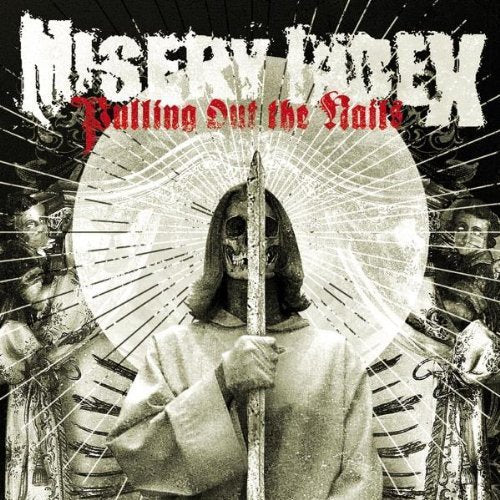 "Album cover with a hooded figure holding a sword, surrounded by torture scenes."