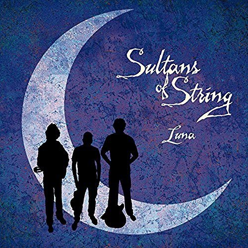 "Album cover featuring silhouettes of three men on a crescent moon against a blue background."