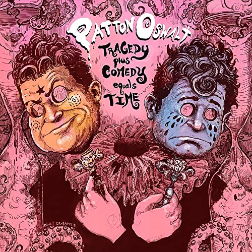 CD cover for Patton Oswalt’s “Tragedy Plus Comedy Equals Time” with illustrated portraits.