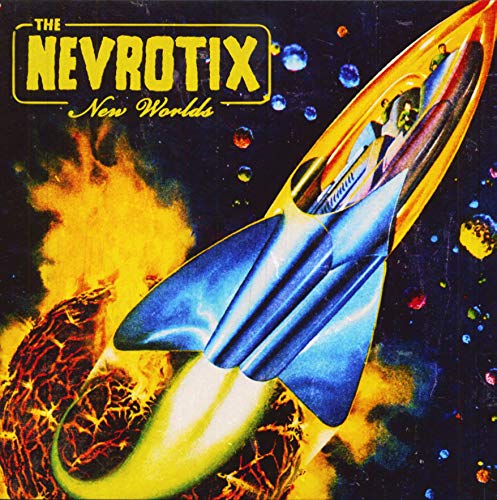 Vinyl record cover with a retro-futuristic spaceship and fiery planet.