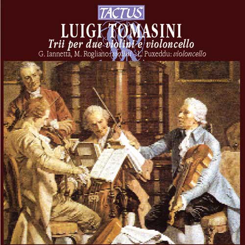 A CD cover with a painting of four men playing string instruments together indoors.