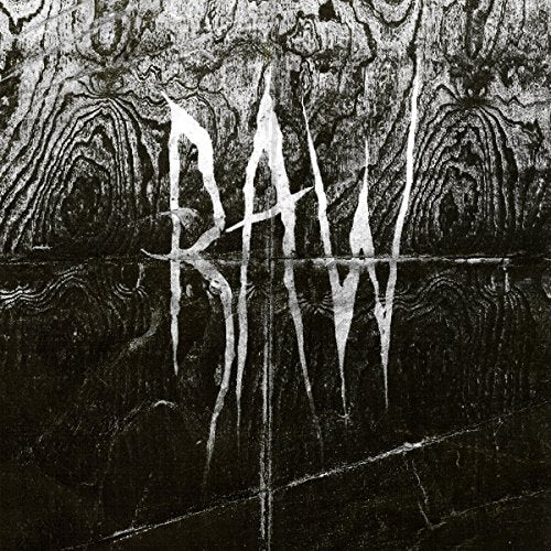 "CD case cover with 'RAW' in white, abstract, gothic font on a black and gray background."