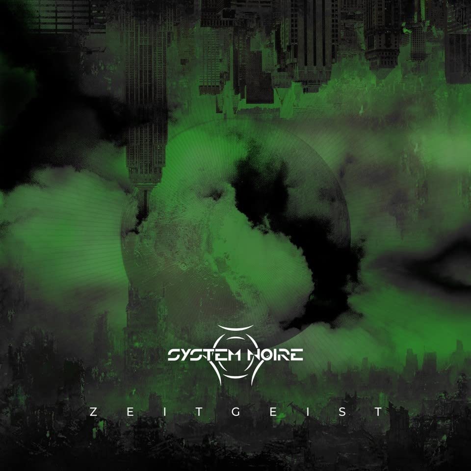 CD cover: green and black abstract cityscape with band name "System Noire".