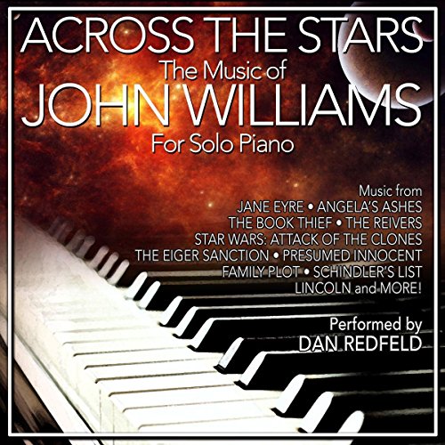 Piano keys with a space scene, album cover for "Across the Stars" by Dan Redfeld.