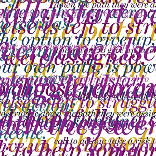 Purple vinyl record with repeating text in yellow and magenta.