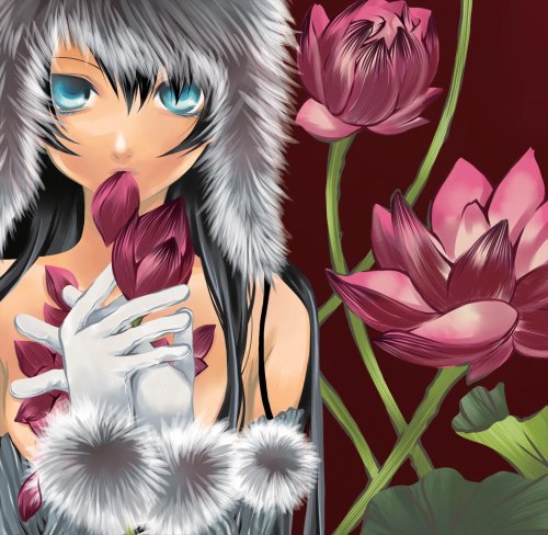 Anime girl with flowers, wearing a fur-trimmed hood and white gloves.