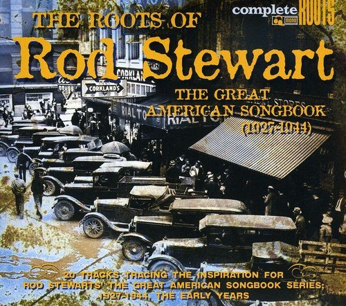 "CD cover with vintage image of cars and people, titled 'The Roots of Rod Stewart'."