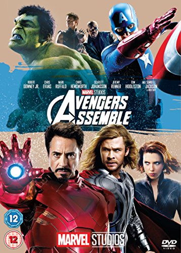 "Avengers Assemble DVD cover featuring Iron Man, Captain America, Hulk, and other superheroes."