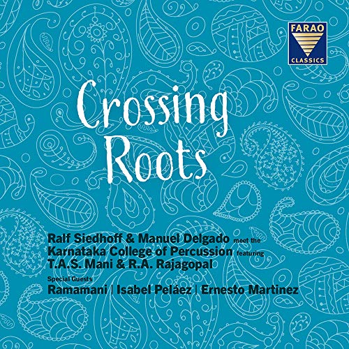 CD cover for "Crossing Roots" with paisley patterns and white text.