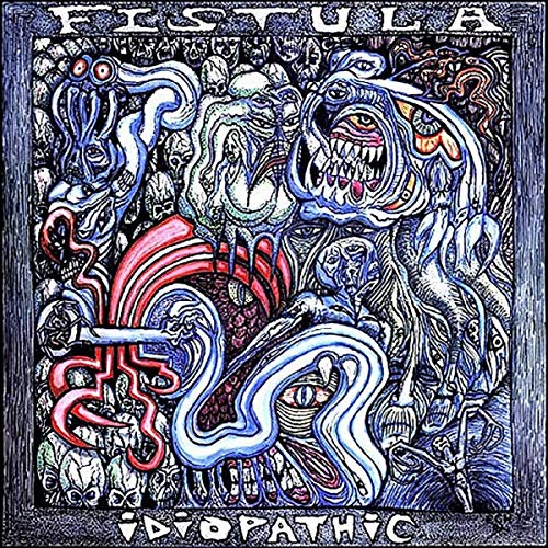 Album cover for Fistula’s “Idiopathic” featuring chaotic, surreal, blue and red artwork.