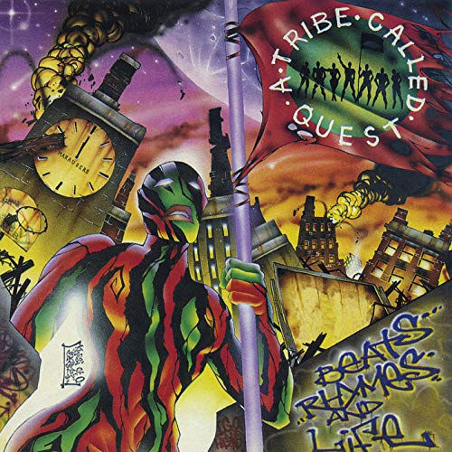 Album cover for 'Beats, Rhymes and Life' by A Tribe Called Quest, featuring a green, red, and black character.