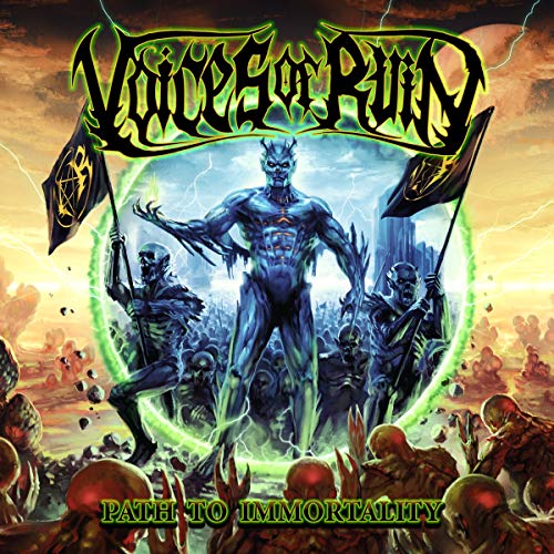 Album cover for "Voices Of Ruin - Path To Immortality" featuring skeletal figures.