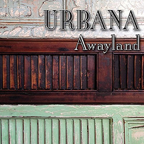 The image depicts a CD cover with the title "Urbana - Awayland". The alt text is: "CD cover with 'Urbana Awayland' text over wooden bookshelf image."