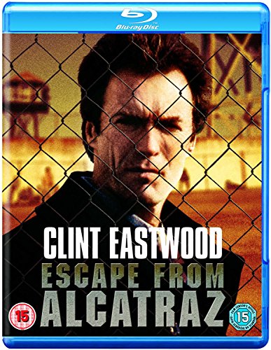 Blu-ray cover for "Escape From Alcatraz" featuring Clint Eastwood behind wire mesh.