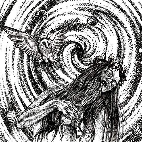 Black and white illustration of a woman and an owl in a swirl.