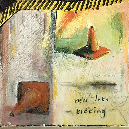 Abstract painting of an orange cone and red shapes on a yellow background.