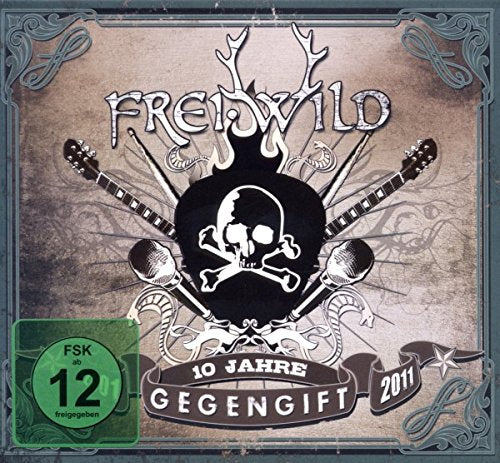"CD case with skull and crossbones logo, surrounded by guitars and text."
