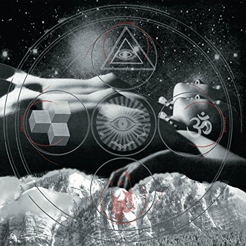 "Black and white image with hands, symbols, and a snowy mountain landscape."