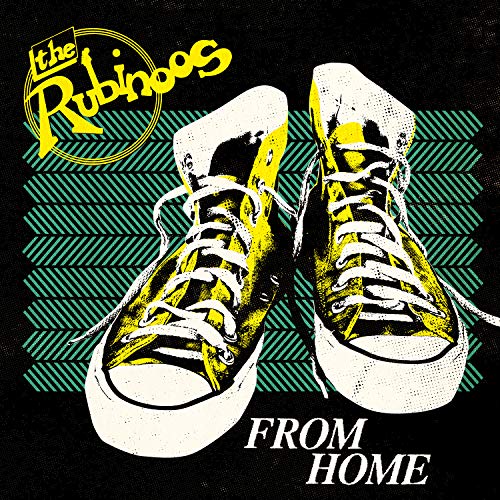 The image is a vinyl record cover featuring a pair of sneakers. #### Alt Text: "Black vinyl record cover with yellow and white sneakers and 'The Rubinoos' logo."