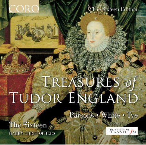 "Treasures of Tudor England" CD cover featuring a portrait of Queen Elizabeth I.