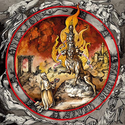 Dark fantasy album cover with skeletal figures, fire, and a central, ornate scene.
