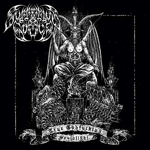 Black and white illustration of a demonic figure on a throne.