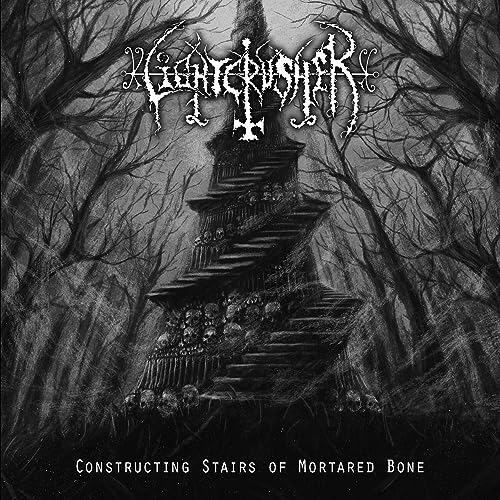 Black and white album cover featuring a skull-built tower in a dark forest.