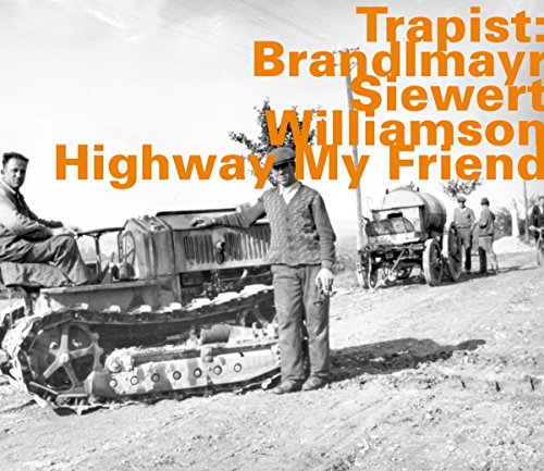 "CD cover with black-and-white image of men and machinery, orange text overlay."