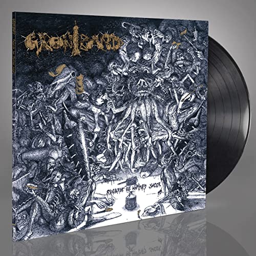 Dark, detailed album cover with chaotic figures and a black vinyl record.