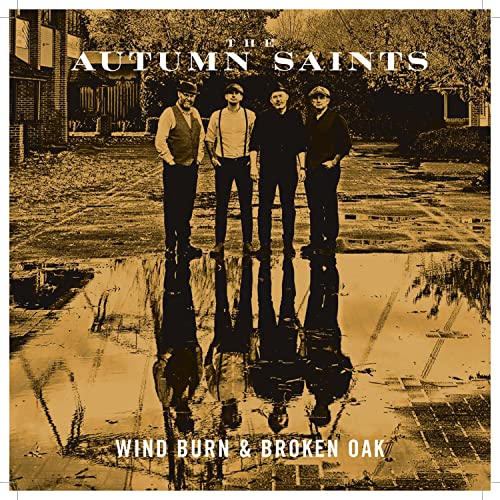 Sepia-toned album cover featuring four men standing in a wet street.