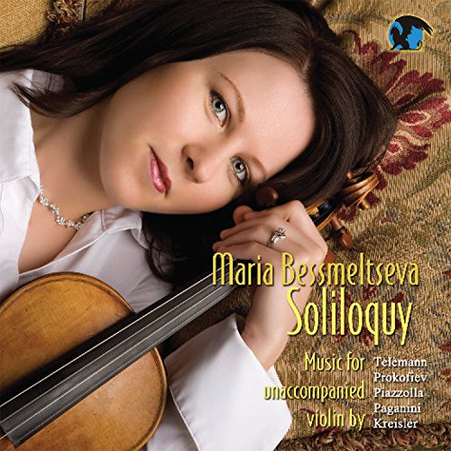 Woman with violin, album cover for “Soliloquy: Music For Unaccompanied Violin.”