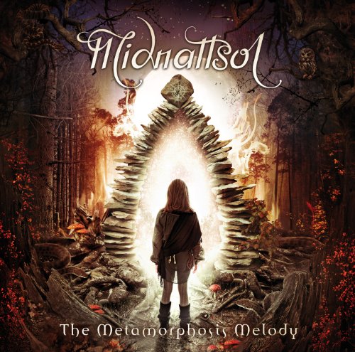 "Album cover art: woman standing before a glowing stone archway in a dark forest."