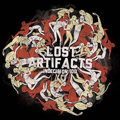 "Album cover with 'Lost Artifacts' and 'Indecision 100' text, surrounded by dancing figures, on black background."