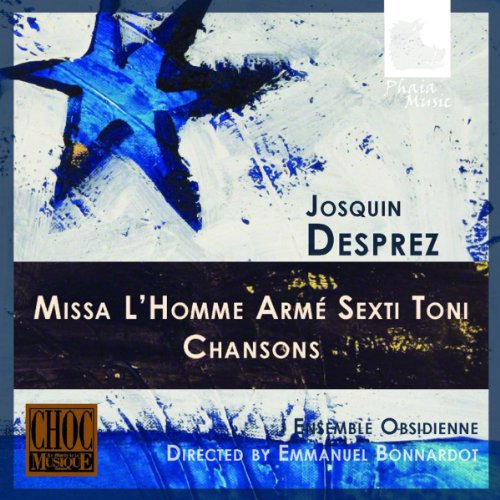"Album cover with abstract blue star on white and black background, featuring text and logos."