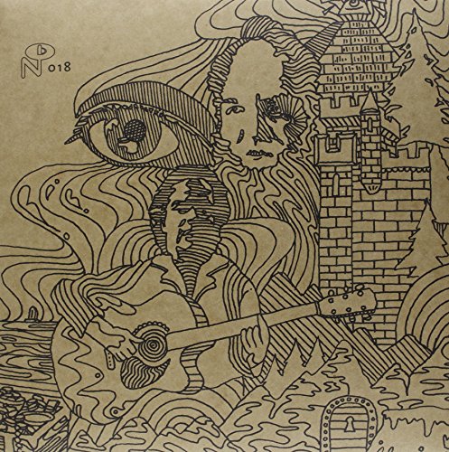 Line drawing of faces, a guitar, and building on a vinyl record cover.