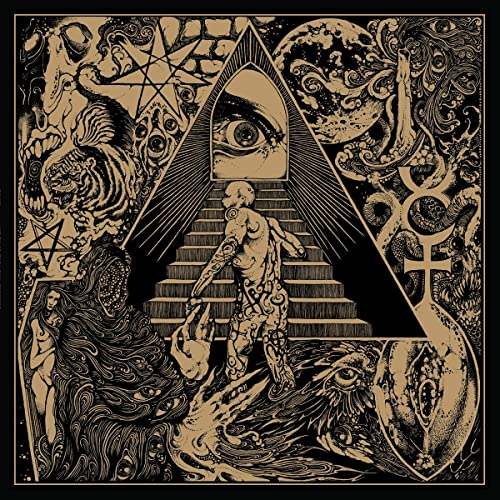 Detailed monochrome illustration of a figure ascending stairs toward an eye.