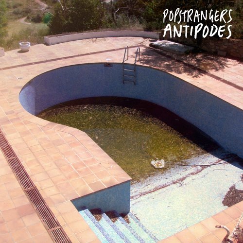 "An abandoned, dirty pool surrounded by terracotta tiles and trees, with 'Popstrangers Antipodes' text."