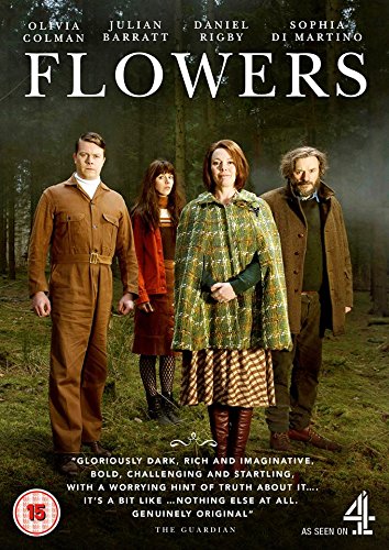 DVD cover for "Flowers" featuring four actors standing in a misty forest.