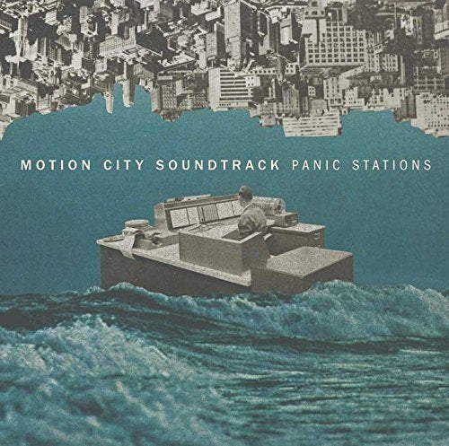 "Album cover for 'Panic Stations' by Motion City Soundtrack, featuring a man on a boat."
