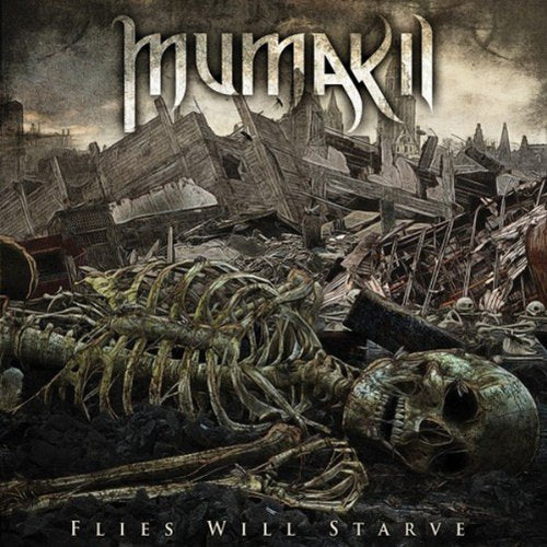 Album cover: skeletal remains in a ruined, post-apocalyptic cityscape.
