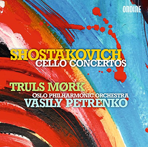 "CD cover with abstract red, blue, and black paint strokes and Shostakovich concertos text."