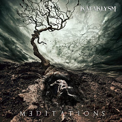 The alt text for the image is: "Dark album cover with twisted tree and skeleton in barren landscape."