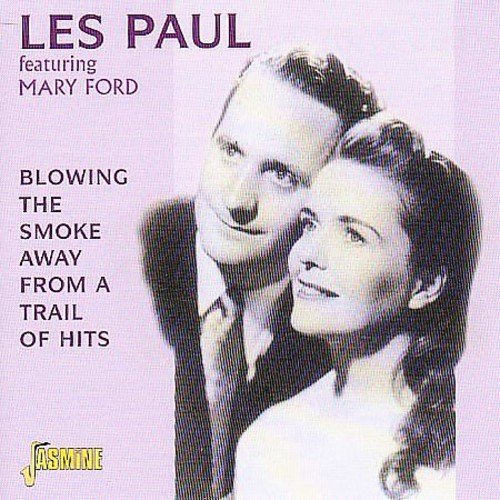 "CD cover with black and white photo of Les Paul and Mary Ford on lilac background."