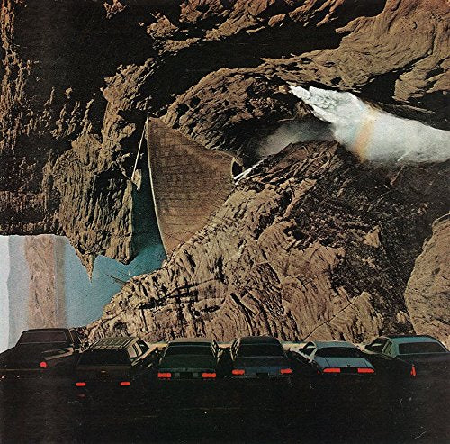 Collage of a dam, mountains, cars, and a plume of smoke.