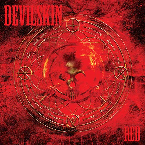 Red album cover with a skull, pentagrams, and occult symbols.