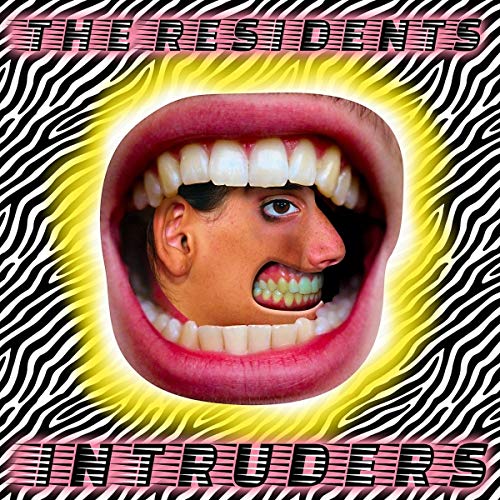 Album cover with a mouth containing a face, on a zebra-striped background.